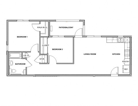 Floor plan for 2 beds, 1 bath, 911 sqft